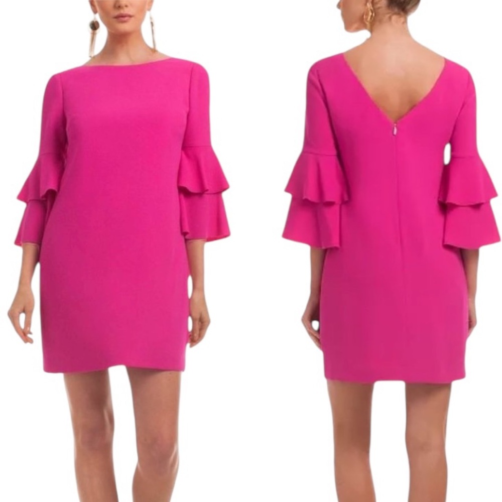 NWT Trina Turk Leona Fuchsia Pink Tiered Ruffle Sleeve V-Back Dress - 2